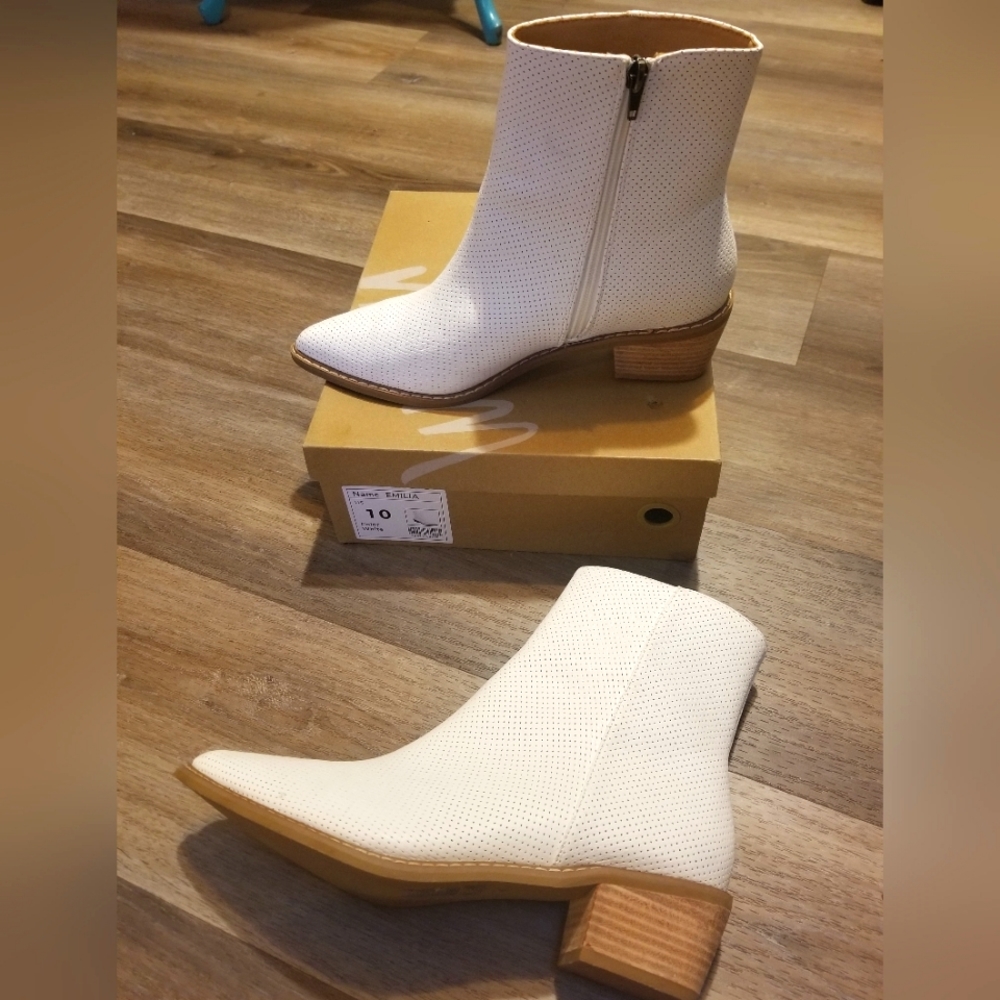 White, leather, micro perforated details side zip ankle boots